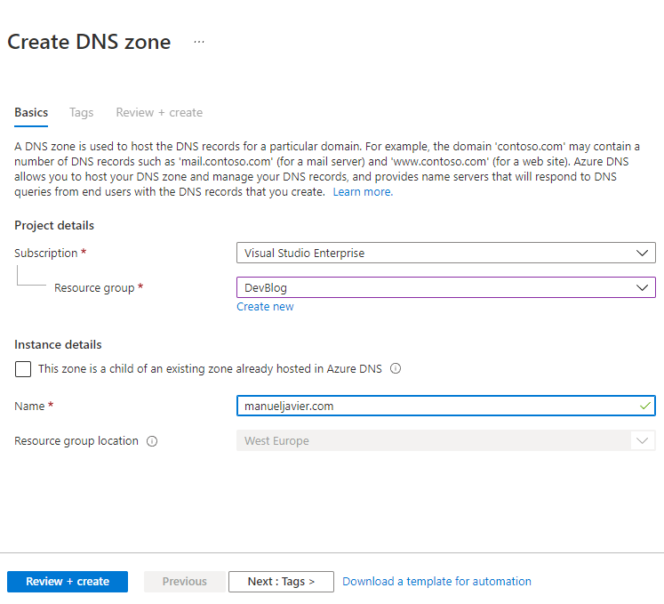 Creating an Azure DNS zone