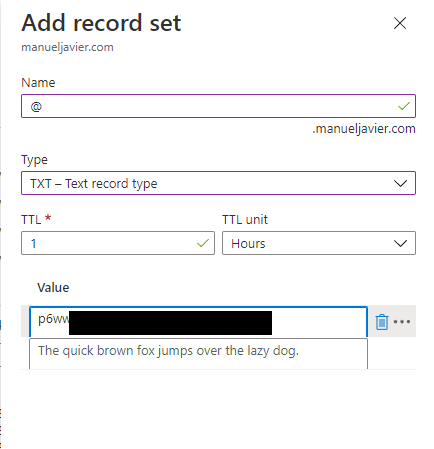 Creating ownership record set on Azure DNS domain